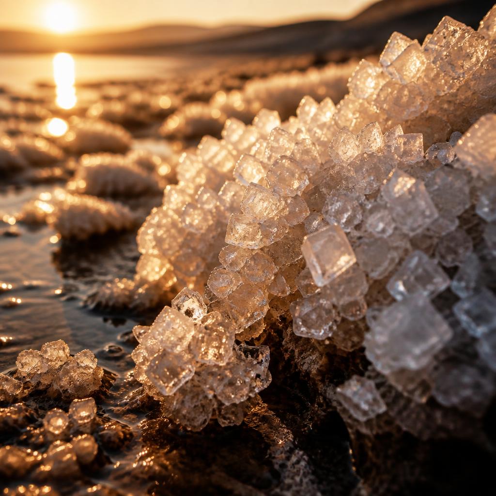 Salt crystals gathered on the Dead Sea shore at golden hour